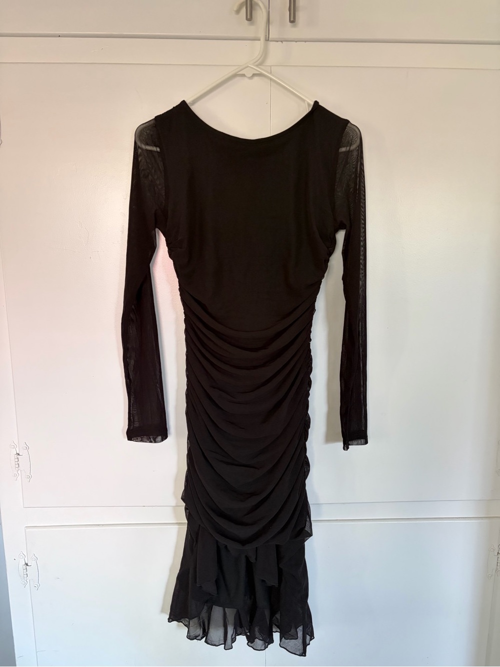 Black Long-Sleeve Ruched Midi Dress with Sheer Sleeves
